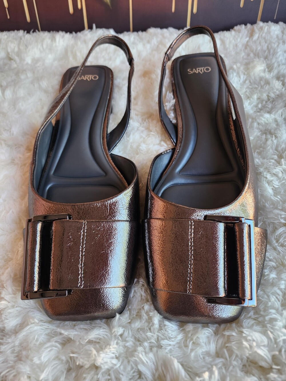 Sarto Metallic Silver Slingback Flats with Decorative Buckle